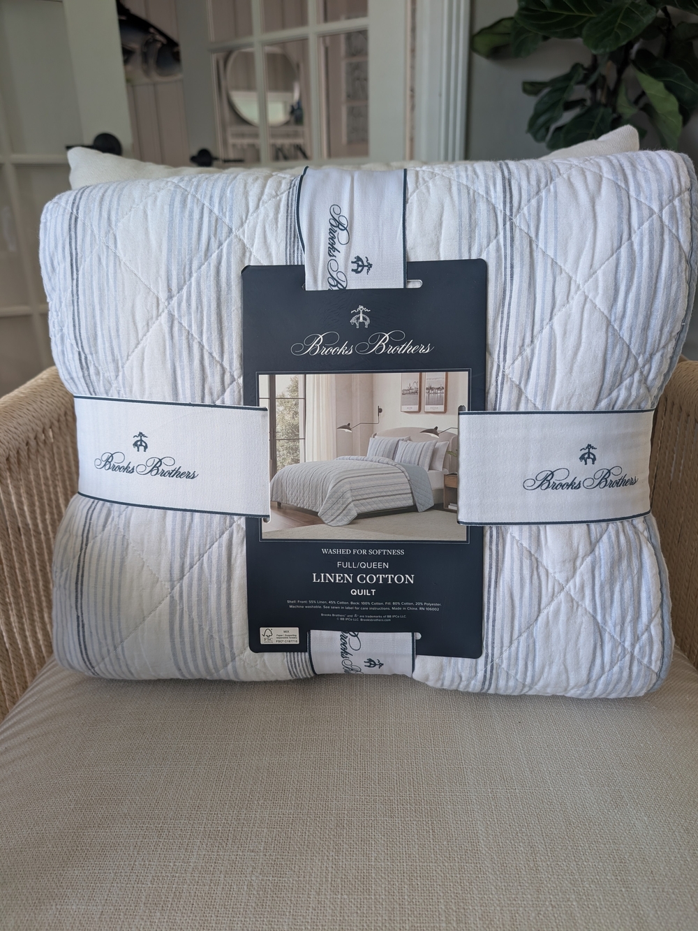NWT Brooks Brothers Striped White Linen Cotton Quilt - Full/Queen